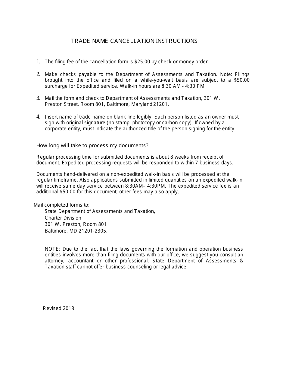 Trade Name Cancellation Application Form - Maryland, Page 2