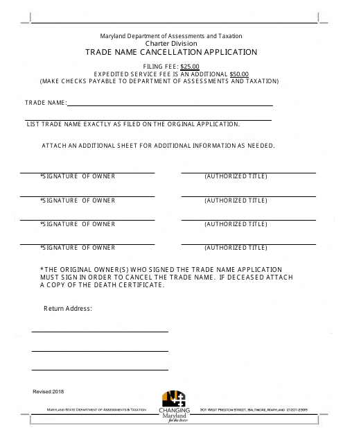 Trade Name Cancellation Application Form - Maryland