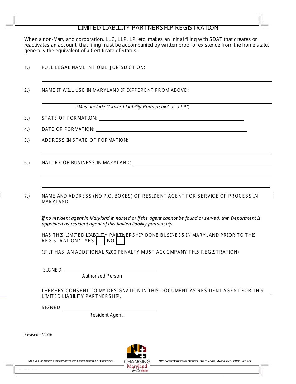 Limited Liability Partnership Registration Form - Maryland, Page 1