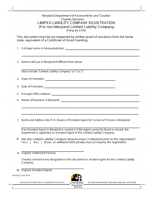 Limited Liability Company Registration Form (For Non-maryland Limited Liability Company) - Maryland Download Pdf