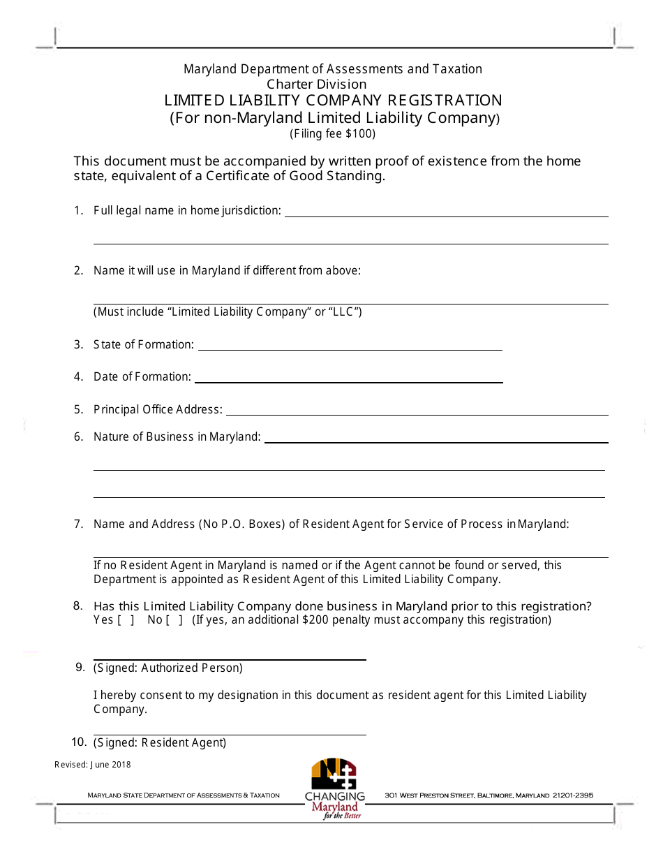 Limited Liability Company Registration Form (For Non-maryland Limited Liability Company) - Maryland, Page 1