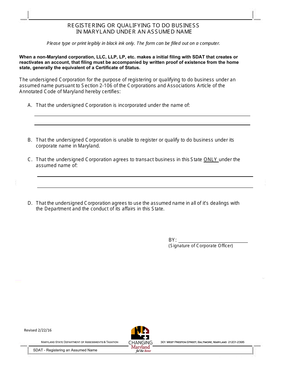 Registering or Qualifying to Do Business in Maryland Under an Assumed Name - Maryland, Page 1