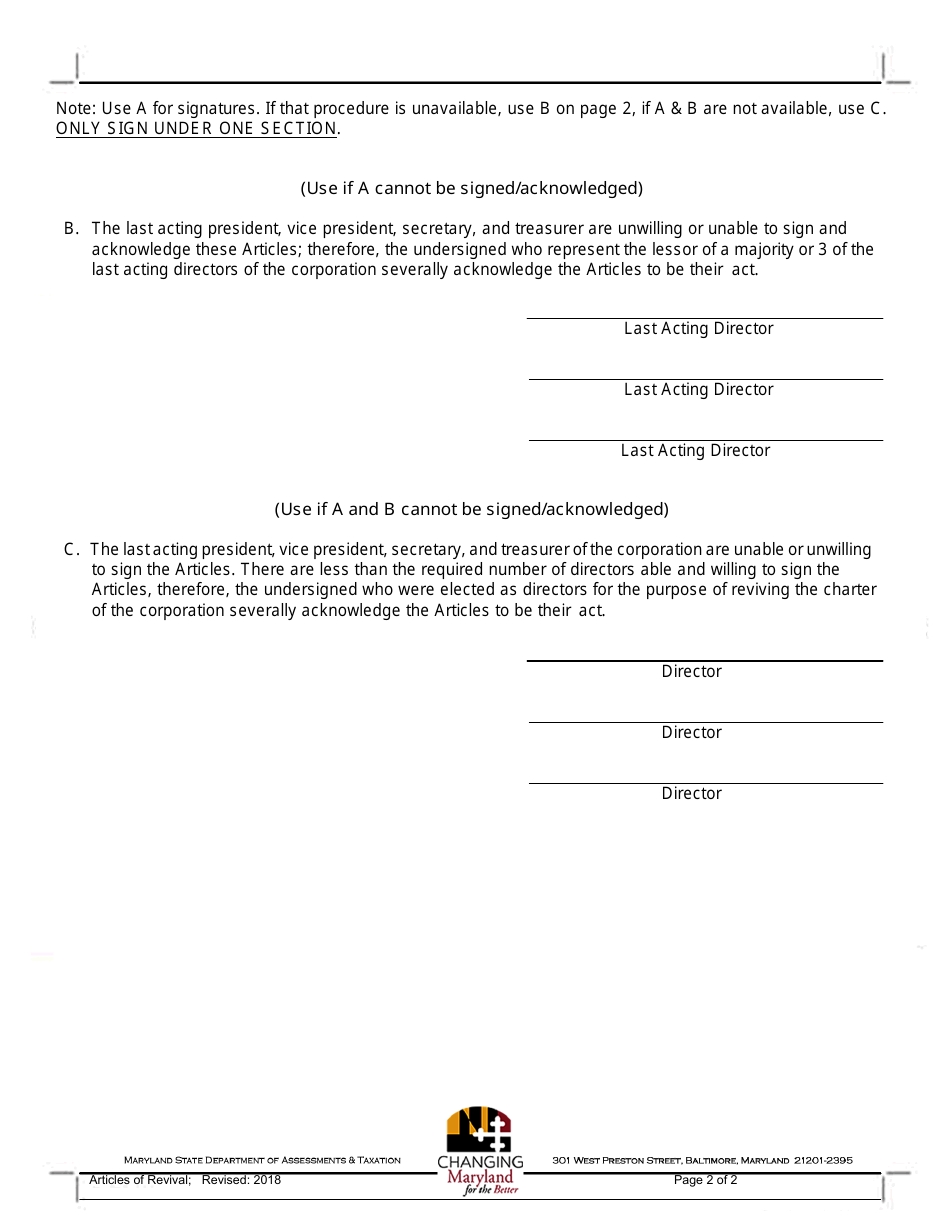 Articles of Revival for the Charter of a Maryland Corporation - Maryland, Page 2