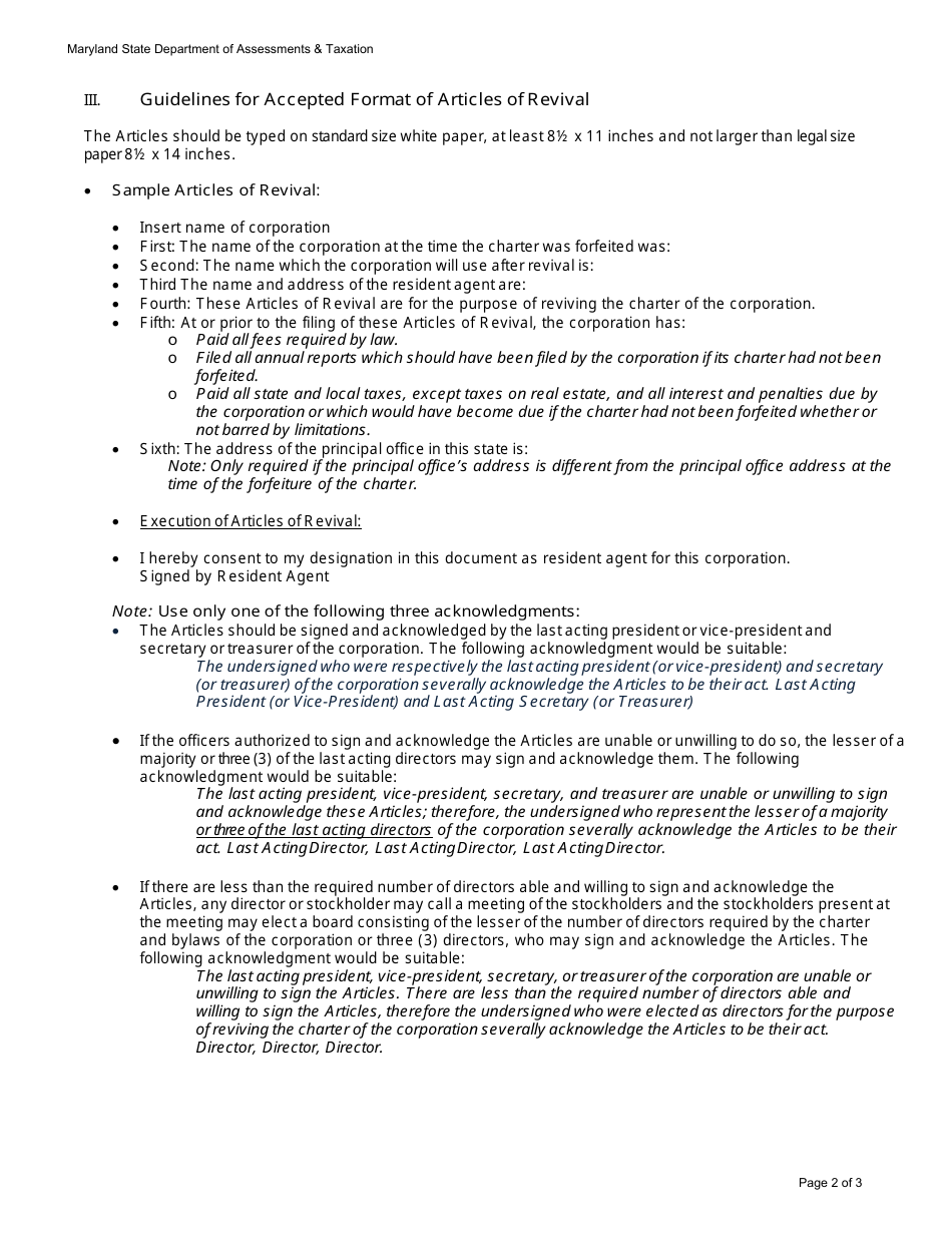 Articles of Revival for the Charter of a Maryland Corporation - Maryland, Page 4