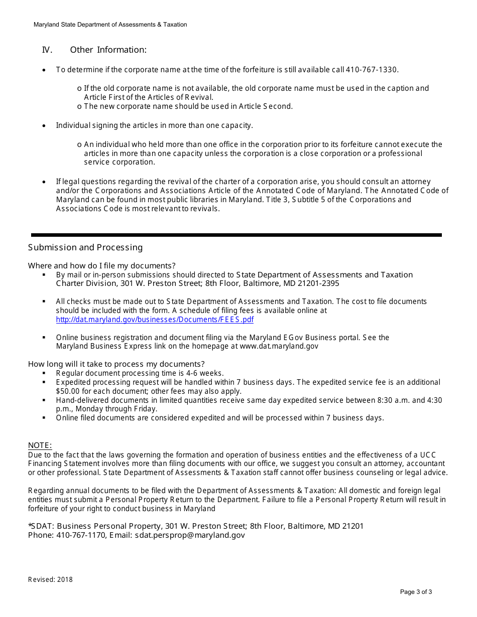 Articles of Revival for the Charter of a Maryland Corporation - Maryland, Page 5