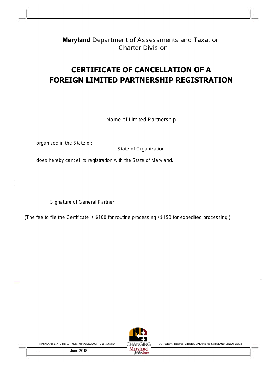 Certificate of Cancellation of a Foreign Limited Partnership Registration - Maryland, Page 1