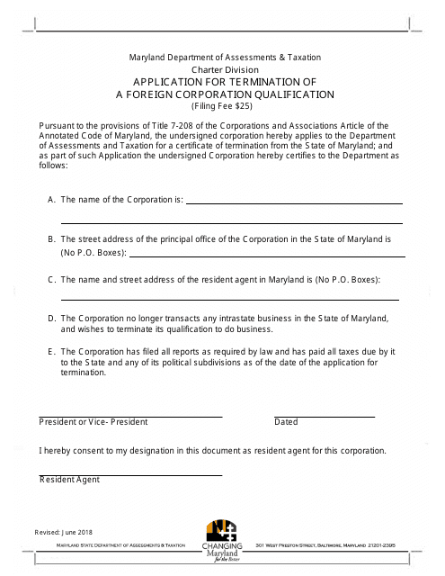 Application for Termination of a Foreign Corporation Qualification - Maryland Download Pdf