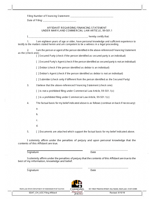 Affidavit Regarding Financing Statement Under Maryland Commercial Law Article, 9-501.1 - Maryland Download Pdf
