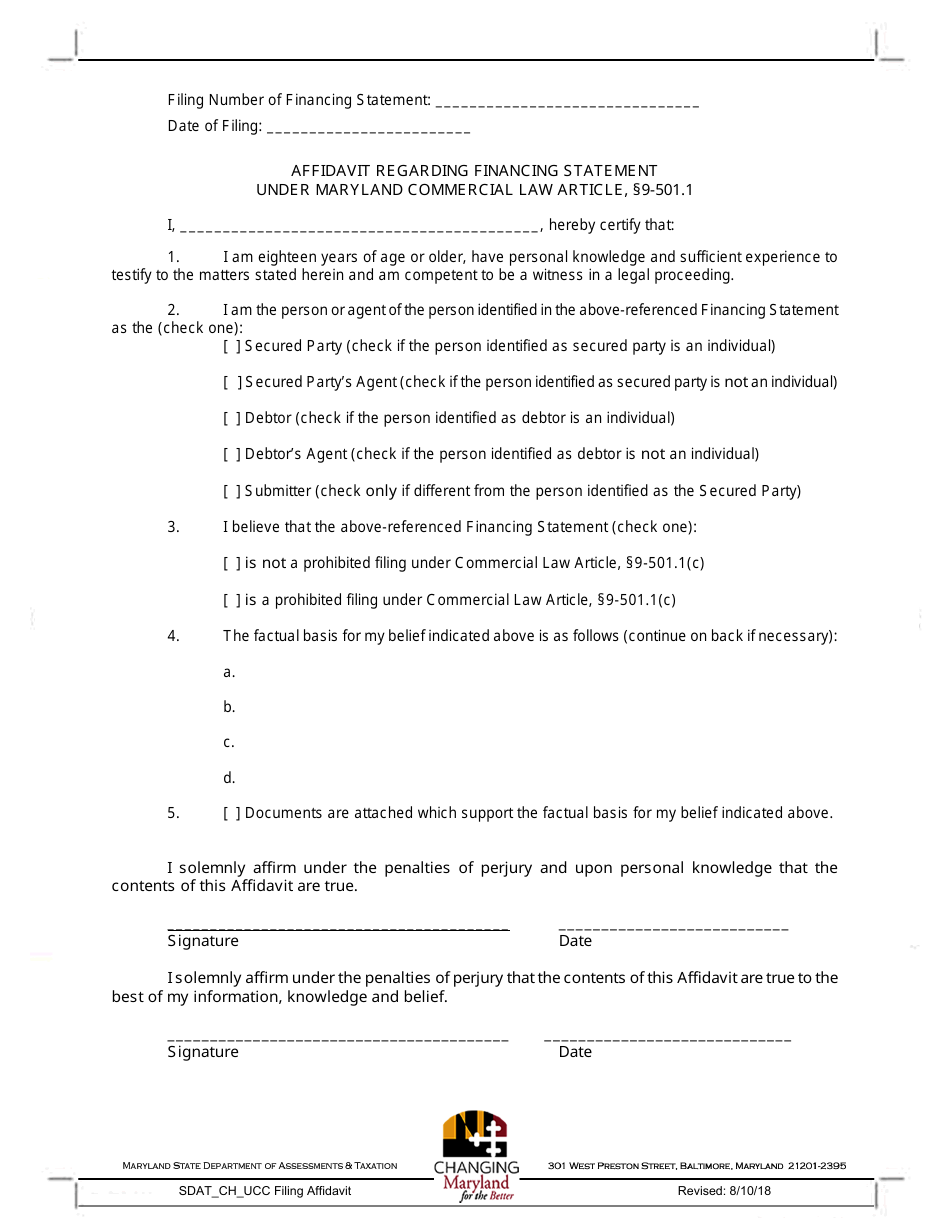 Affidavit Regarding Financing Statement Under Maryland Commercial Law Article, 9-501.1 - Maryland, Page 1