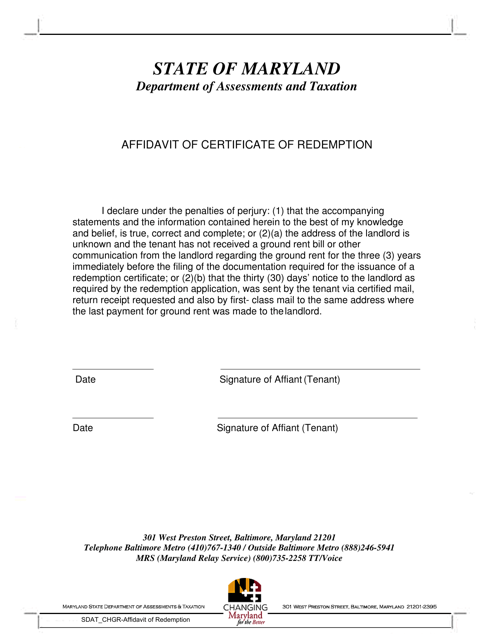 Maryland Affidavit Of Certificate Of Redemption Download Printable Pdf Templateroller