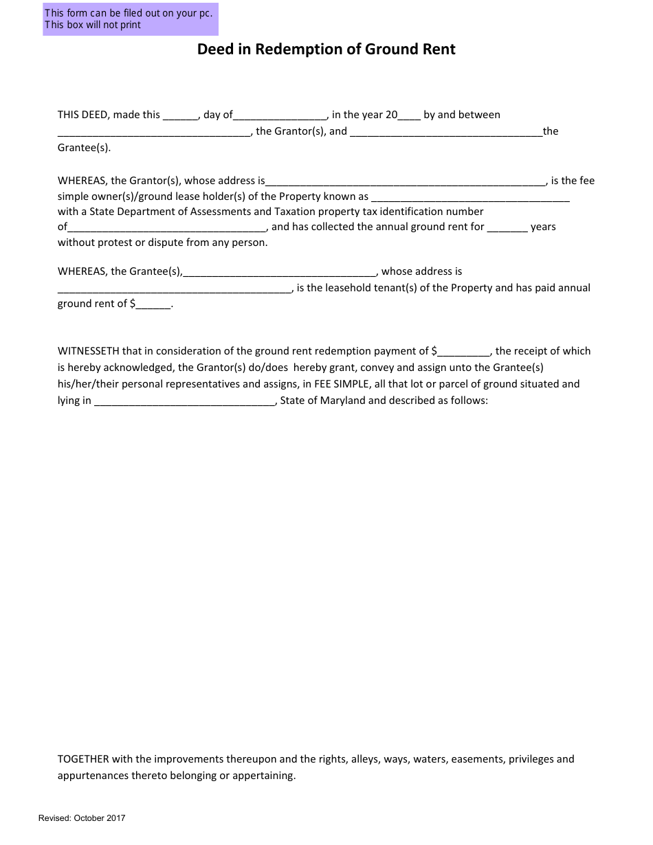 Deed in Redemption of Ground Rent - Maryland, Page 1