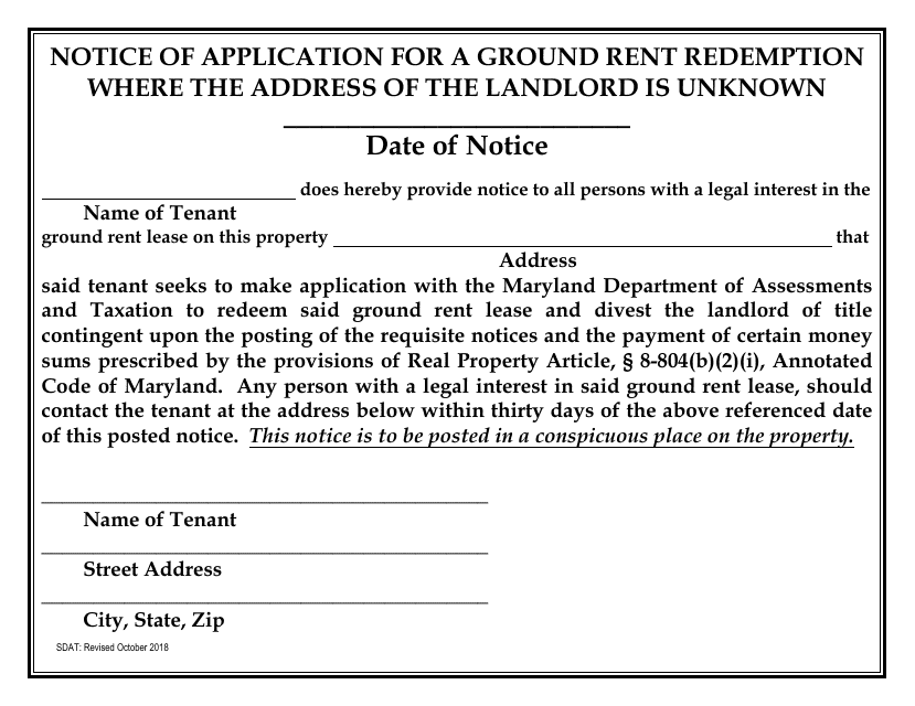 Notice of Application for a Ground Rent Redemption Where the Address of the Landlord Is Unknown - Maryland Download Pdf