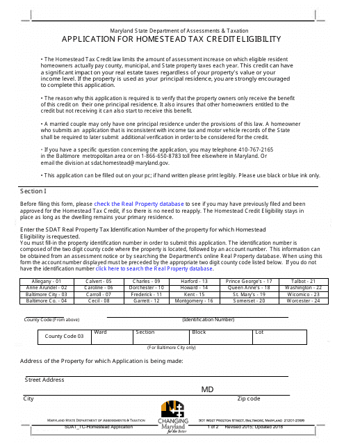 Application for Homestead Tax Credit Eligibility - Maryland Download Pdf