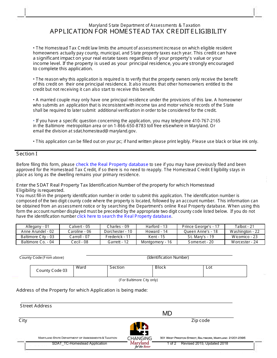 Application for Homestead Tax Credit Eligibility - Maryland, Page 1