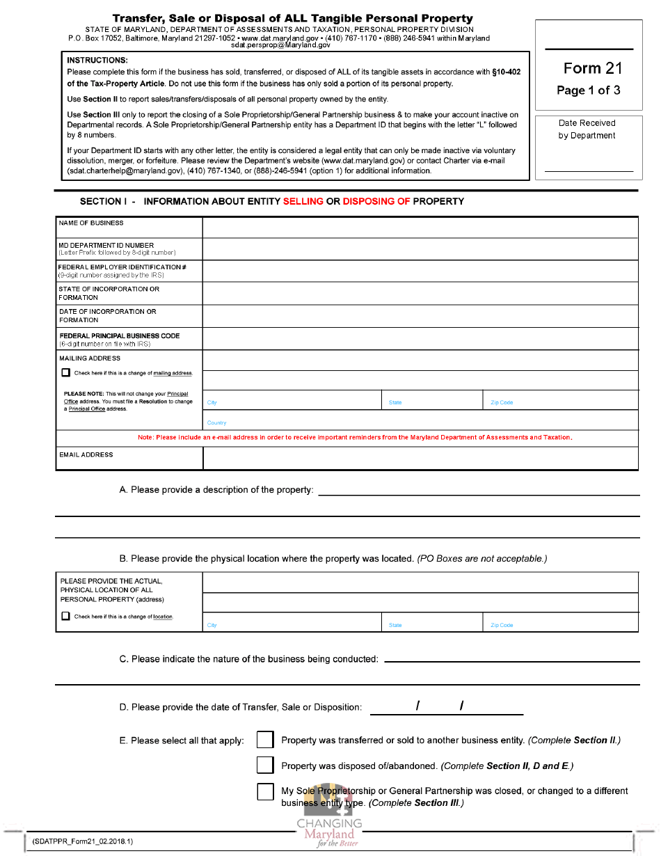 Form 21 Transfer, Sale or Disposal of All Tangible Personal Property - Maryland, Page 1