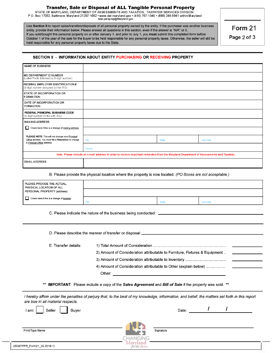 Form 21 Transfer, Sale or Disposal of All Tangible Personal Property - Maryland, Page 2