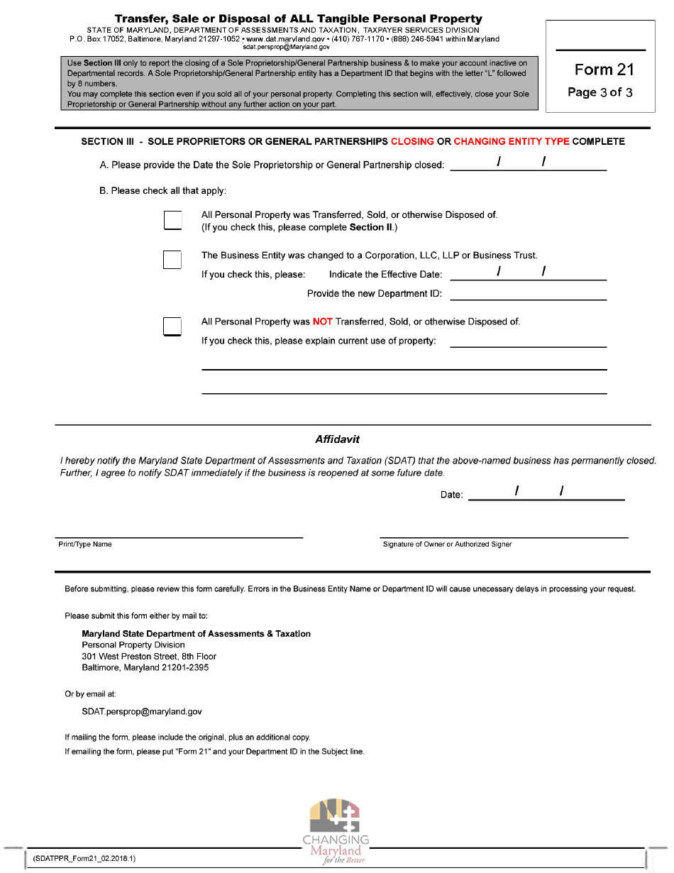Form 21 Transfer, Sale or Disposal of All Tangible Personal Property - Maryland, Page 3