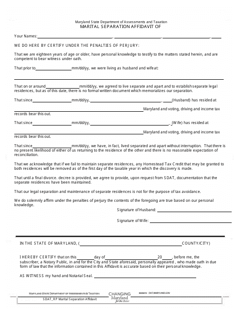 Marital Separation Affidavit Form - Maryland Download Pdf
