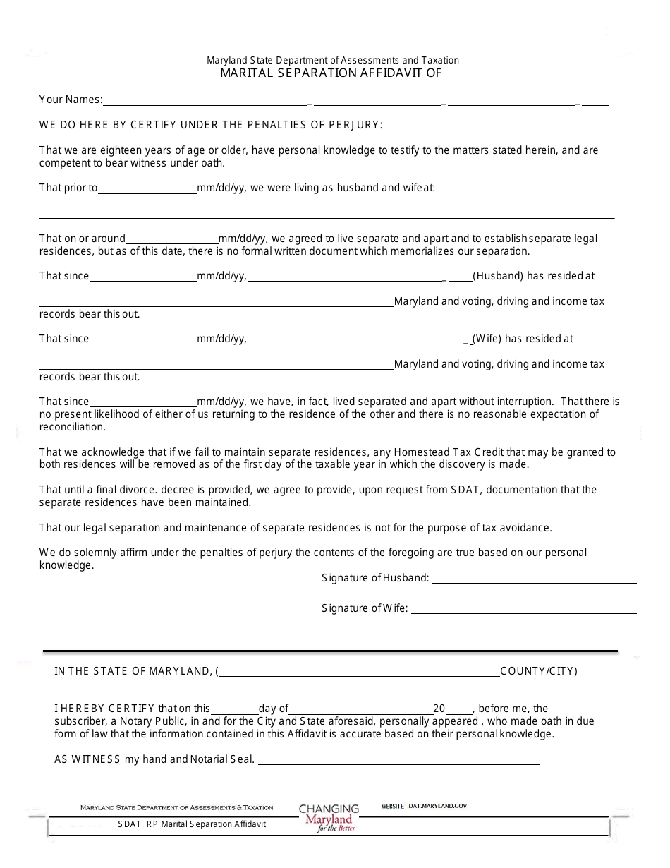 Maryland Marital Separation Affidavit Form Download Fillable PDF