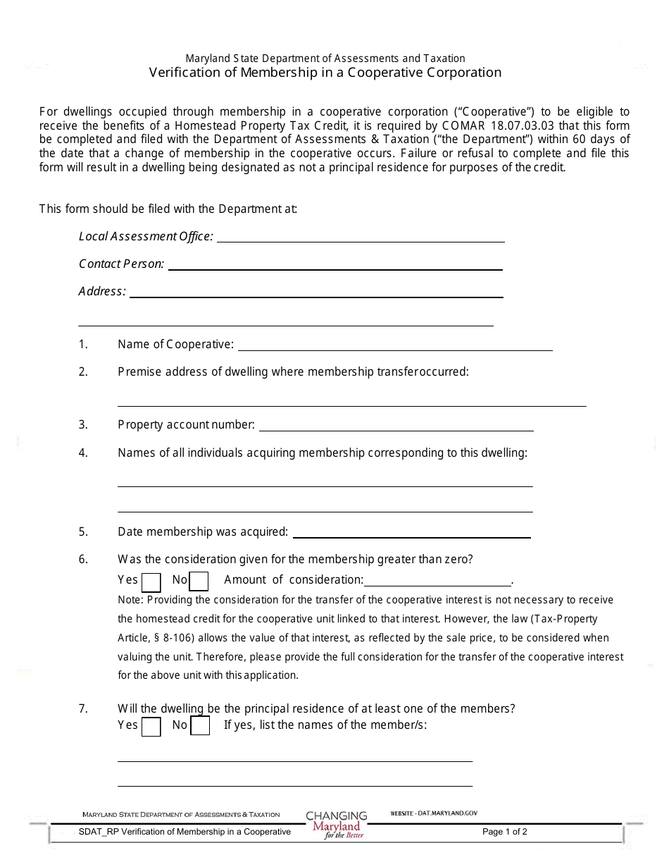 Verification of Membership in a Cooperative Corporation - Maryland, Page 1