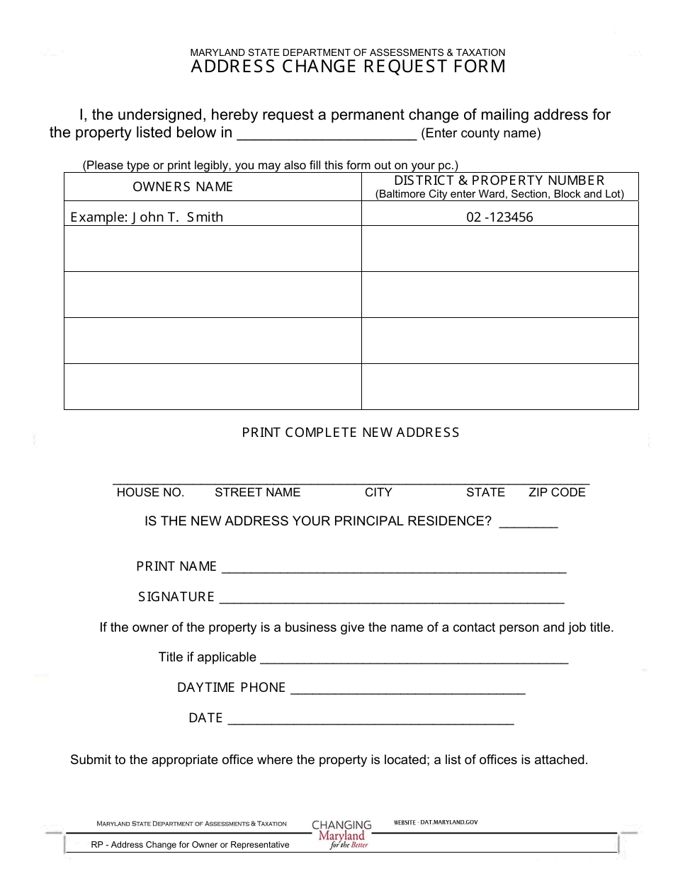 Address Change Request Form - Maryland, Page 1