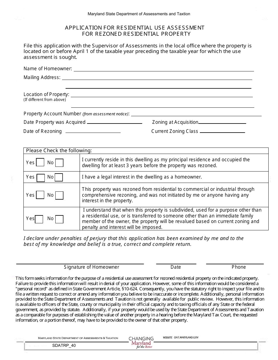 Form SDATRP_40 Application for Residential Use Assessment for Rezoned Residential Property - Maryland, Page 1