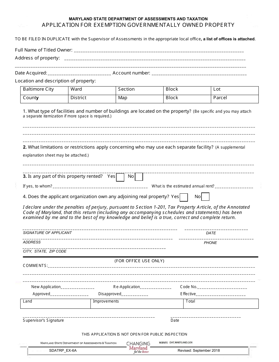 Form SDATRP_EX-6A Application for Exemption Governmentally Owned Property - Maryland, Page 1