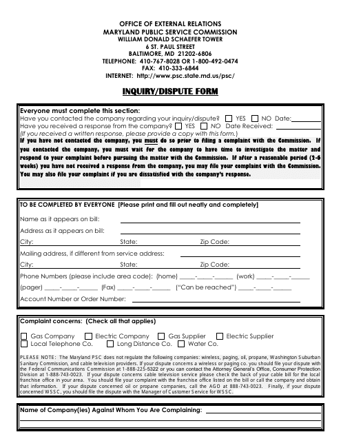 Inquiry / Dispute Form - Maryland Download Pdf