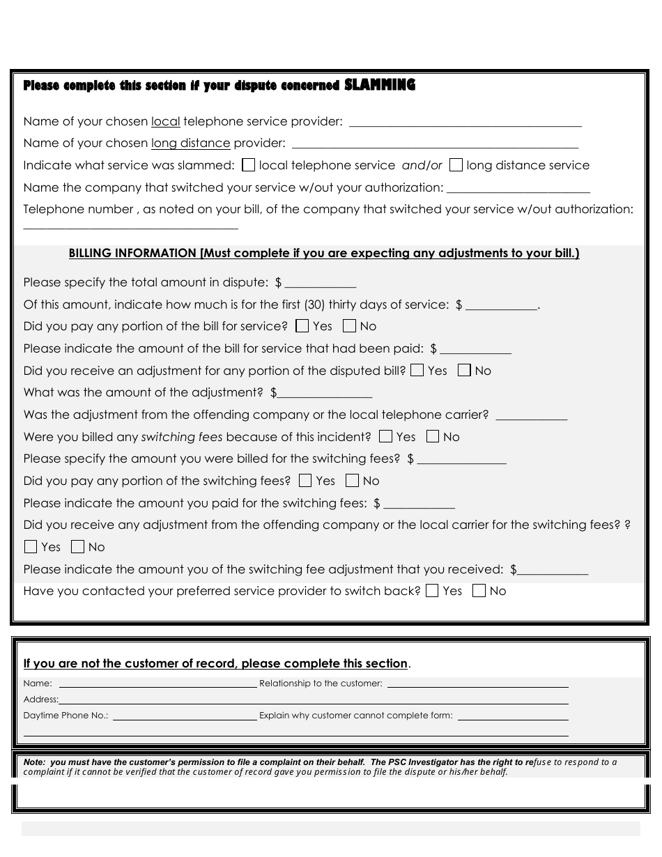 Telephone Slamming Cramming Dispute Form - Maryland, Page 3
