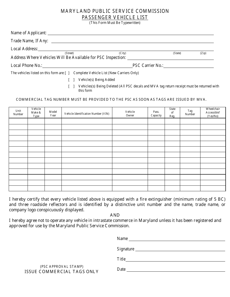 Maryland Passenger Vehicle List Fill Out, Sign Online and Download PDF Templateroller