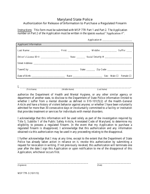 Form MSP77R-3 Authorization for Release of Information to Purchase a Regulated Firearm - Maryland