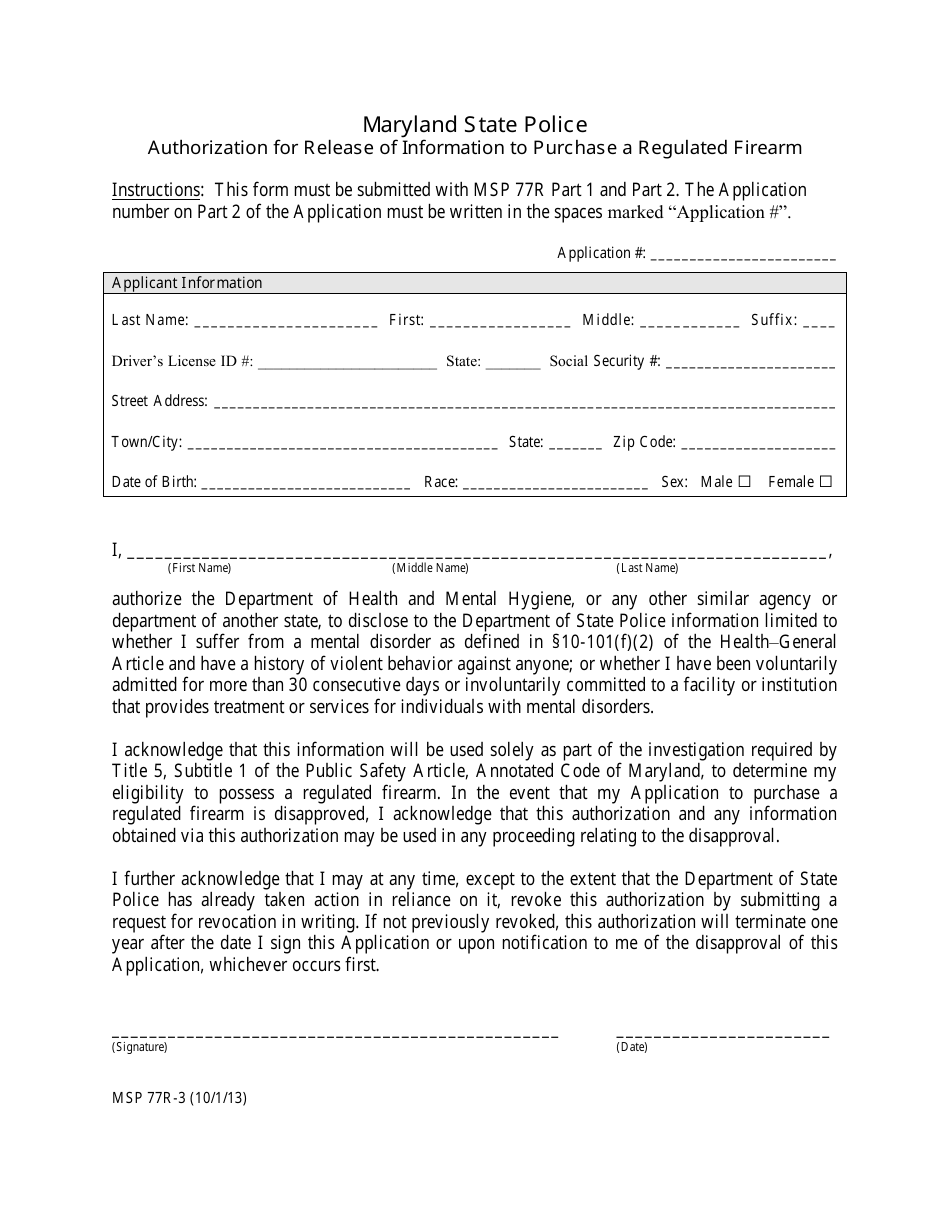 Form MSP77R-3 Authorization for Release of Information to Purchase a Regulated Firearm - Maryland, Page 1