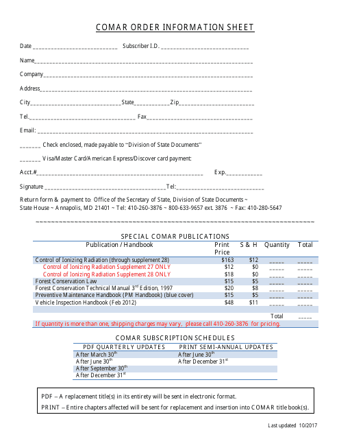 Comar Order Information Sheet - Maryland Download Pdf