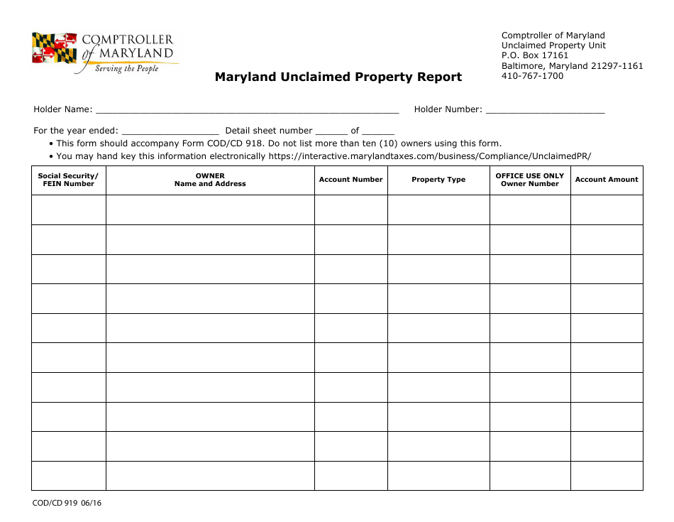 Form COD / CD919 Maryland Unclaimed Property Report - Maryland, Page 1