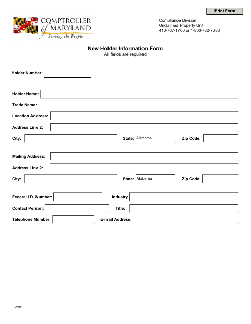 New Holder Information Form - Maryland