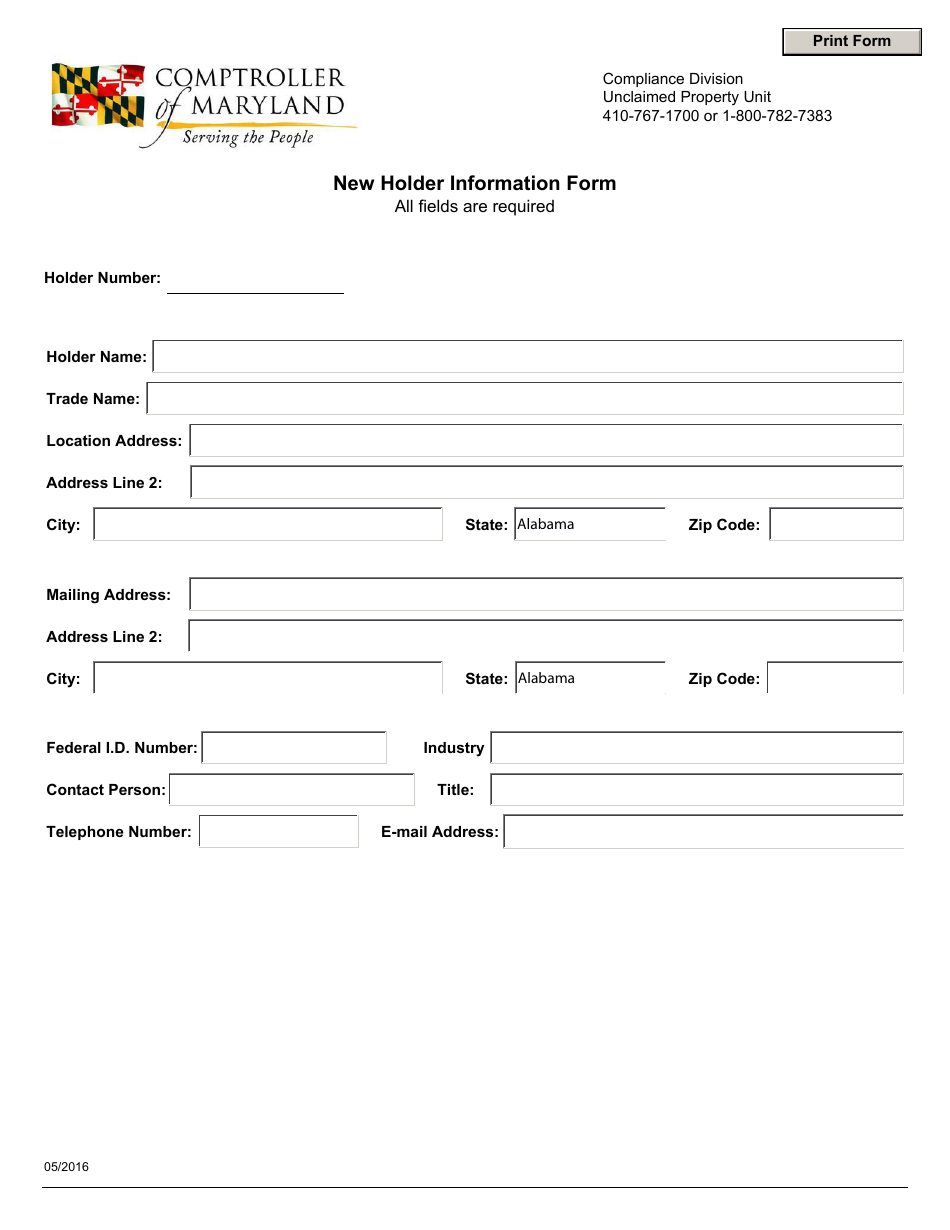 New Holder Information Form - Maryland, Page 1