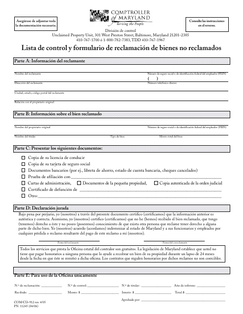 Formulario COM/CD-912 Lista De Control Y Formulario De Reclamacion De Bienes No Reclamados - Maryland (Spanish)