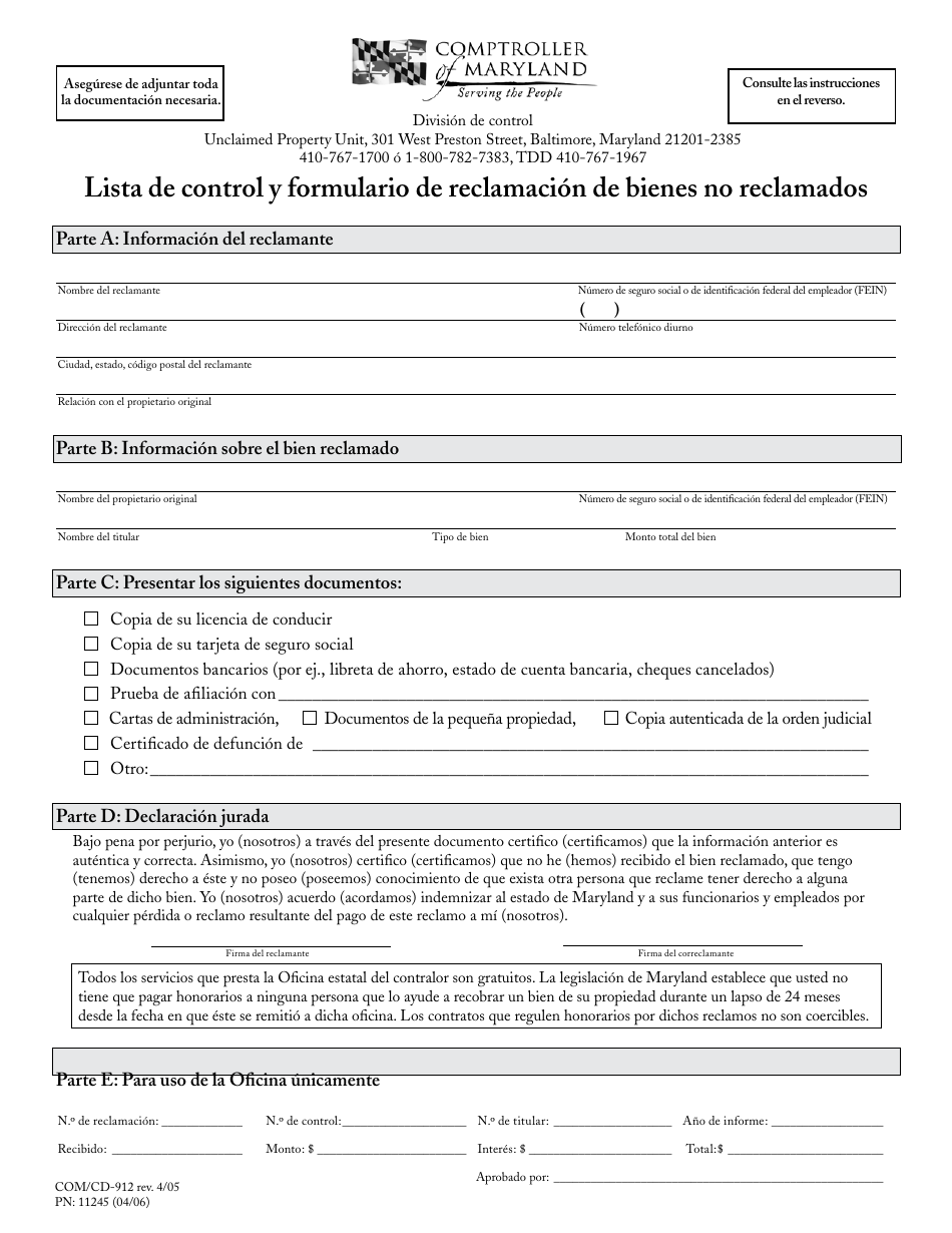 Formulario COM / CD-912 Lista De Control Y Formulario De Reclamacion De Bienes No Reclamados - Maryland (Spanish), Page 1