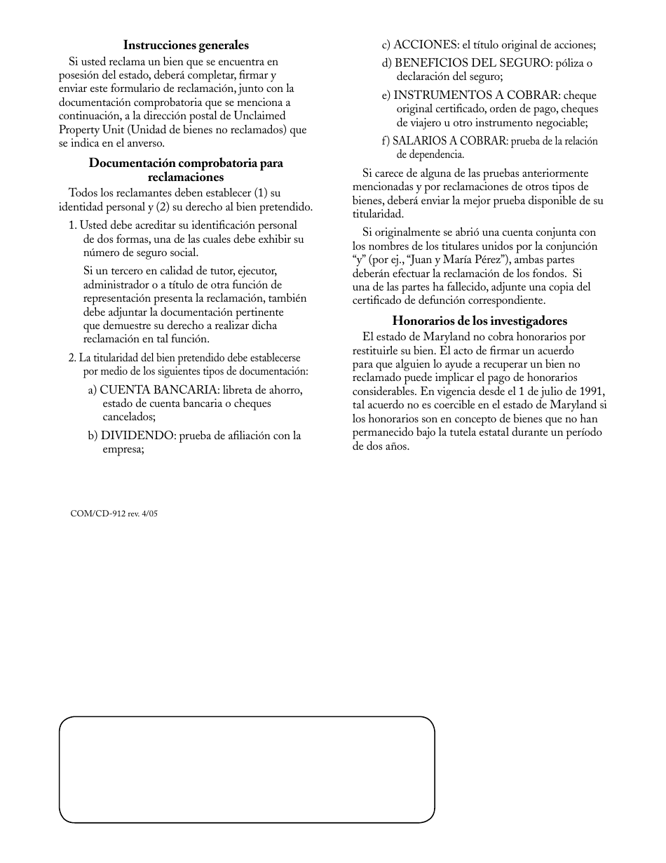 Formulario COM / CD-912 Lista De Control Y Formulario De Reclamacion De Bienes No Reclamados - Maryland (Spanish), Page 2