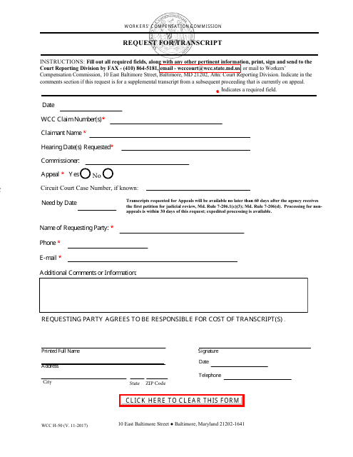 WCC Form H-50  Printable Pdf