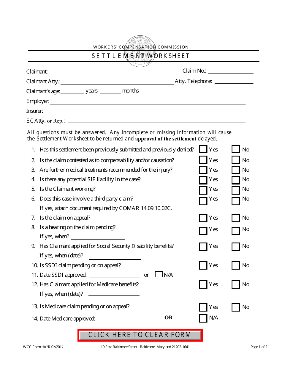 WCC Form H07R Settlement Worksheet - Maryland, Page 1