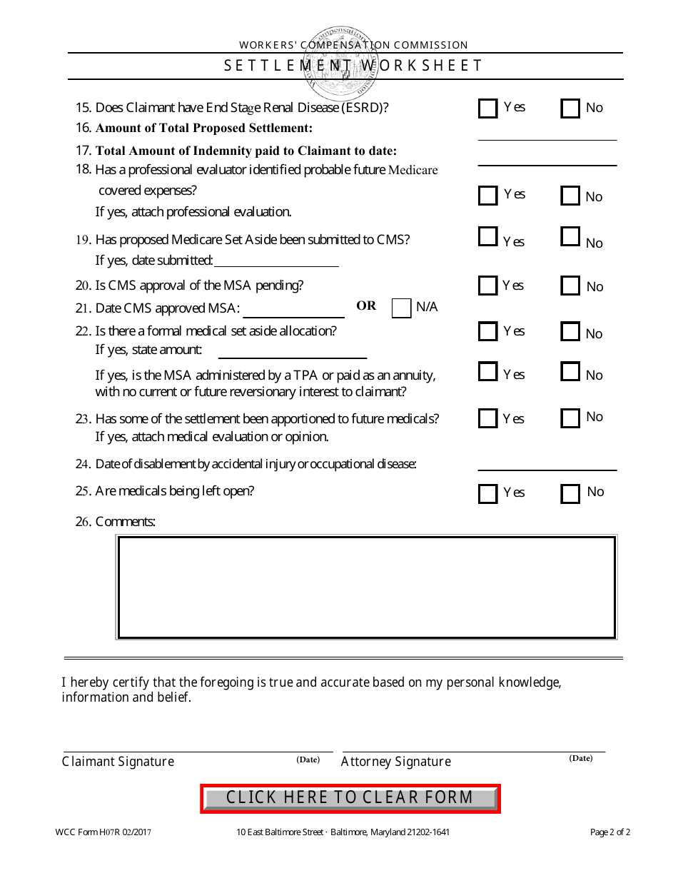 WCC Form H07R Settlement Worksheet - Maryland, Page 2