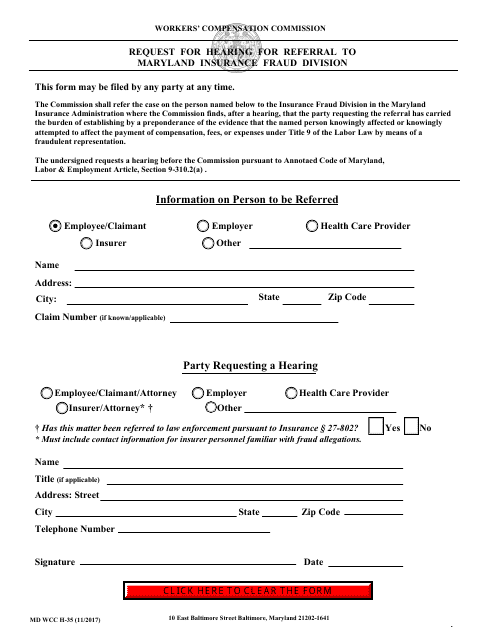 WCC Form H-35  Printable Pdf