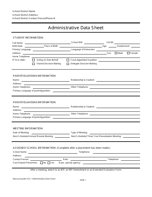 Form ADM1 Administrative Data Sheet - Massachusetts