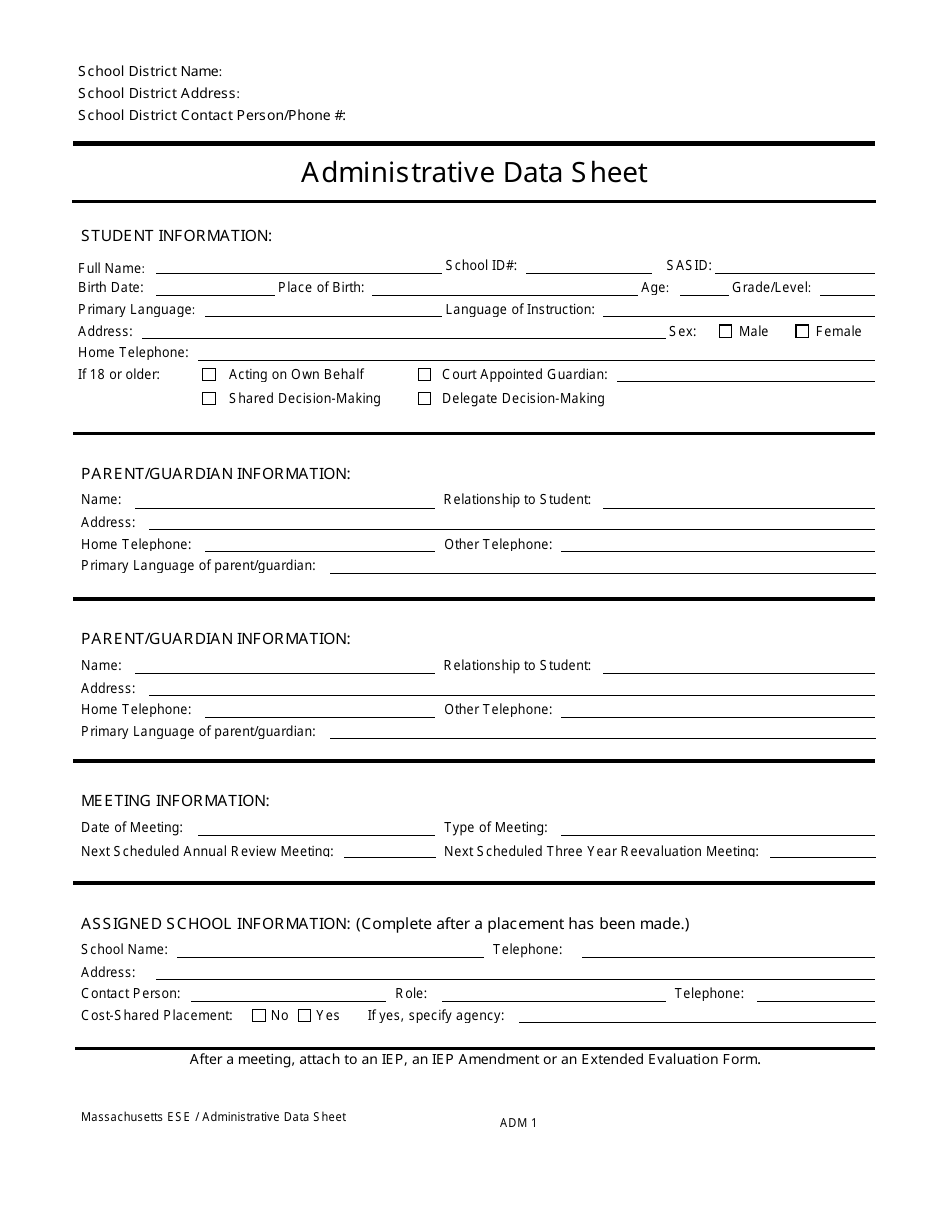 Form ADM1 Administrative Data Sheet - Massachusetts, Page 1