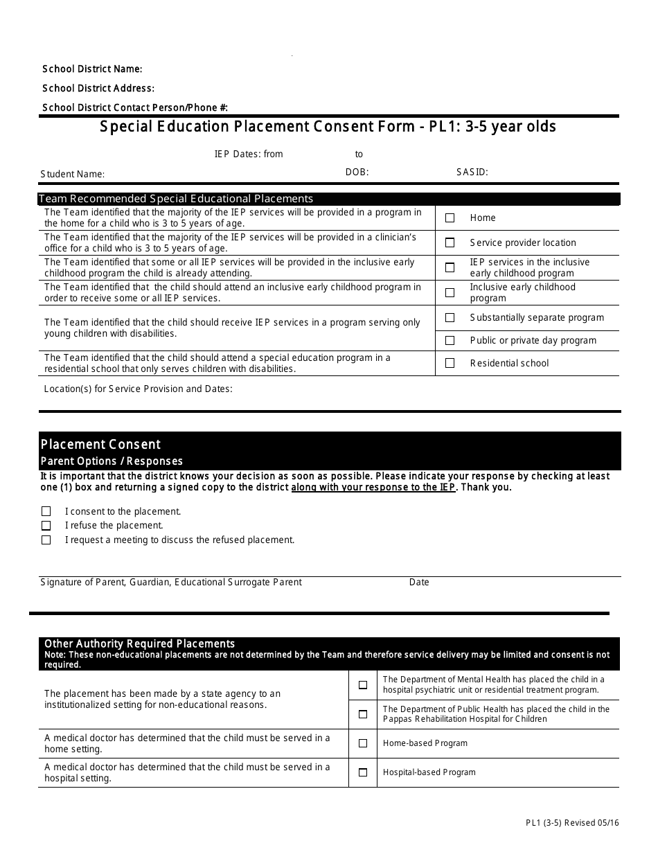 Form PL1 Special Education Placement Consent Form: 3-5 Year Olds - Massachusetts, Page 1