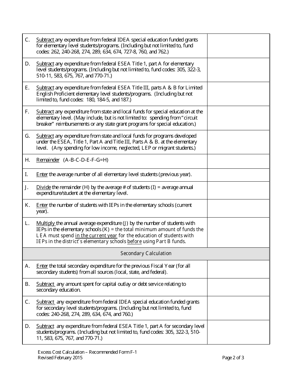 Form F-1 Excess Costs Calculation - Massachusetts, Page 2