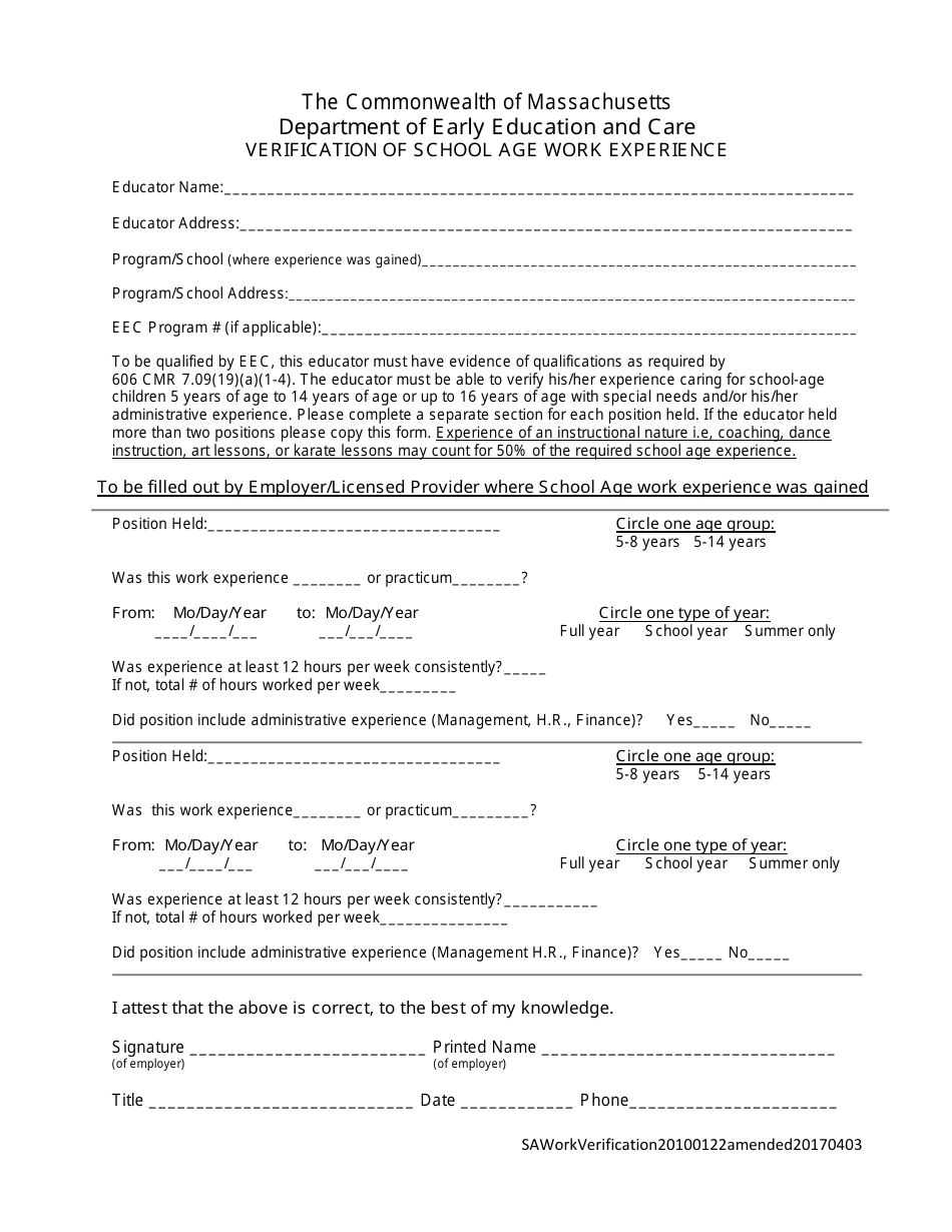 Verification of School Age Work Experience - Massachusetts, Page 1
