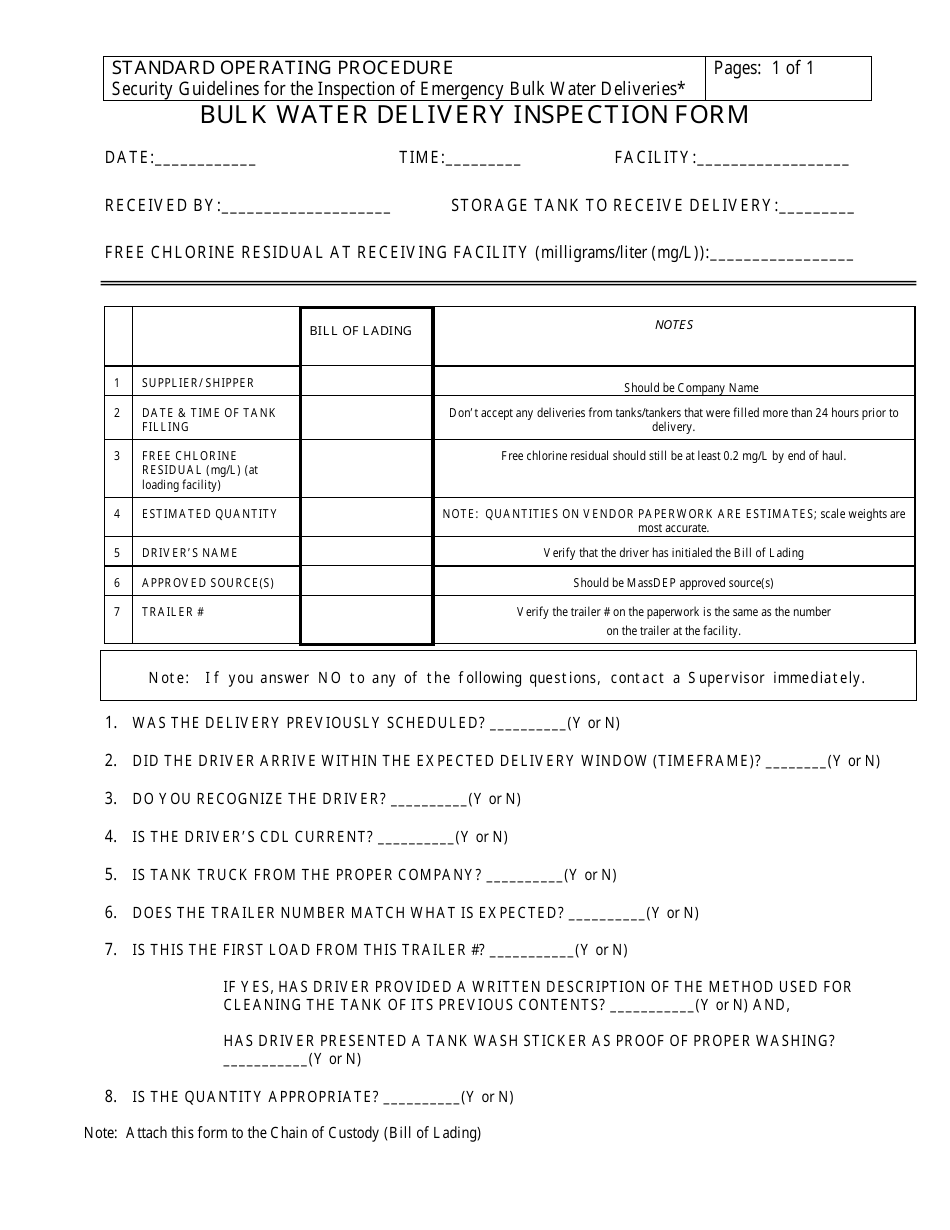 Bulk Water Delivery Inspection Form - Massachusetts, Page 1