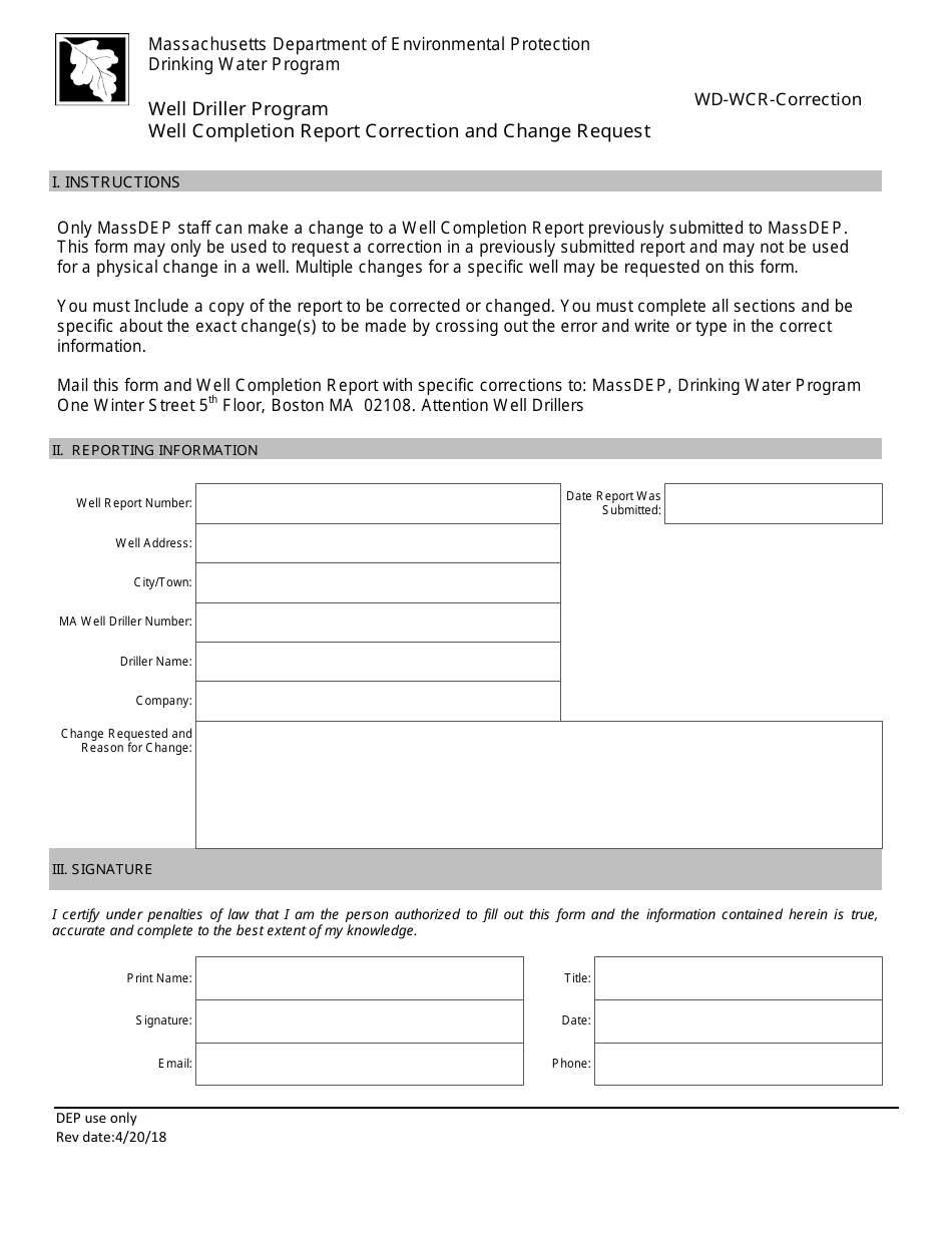 Well Completion Report Correction and Change Request Form - Well Driller Program - Massachusetts, Page 1